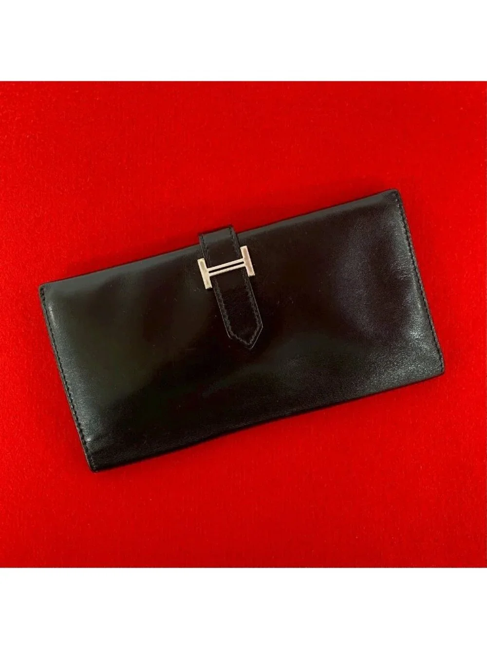 Hermes Bearn Box Calf Wallet Bifold Card Case Coin Purse Black